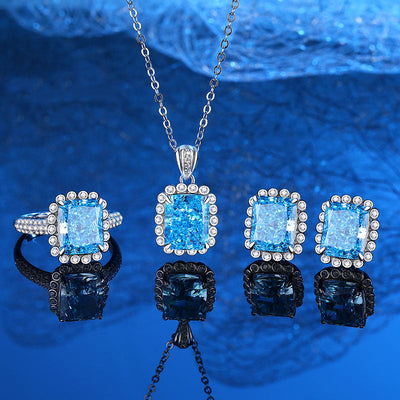 Sea Blue Natural Crystal Ring Necklace Earrings