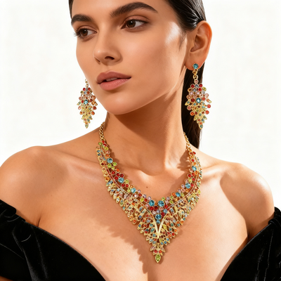 Colorful Crystal Leaf Necklace & Earring Set