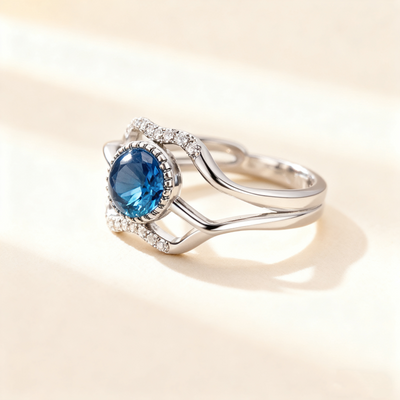 Blue Cat’s Eye & Diamond Double-Row Ring