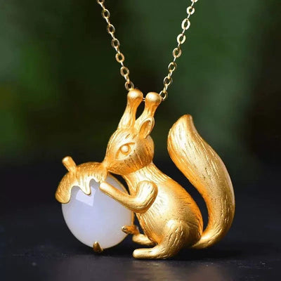 Little Squirrel S925 Silver Jade Stone Pendant Necklace