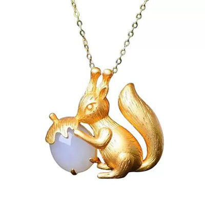 Little Squirrel S925 Silver Jade Stone Pendant Necklace