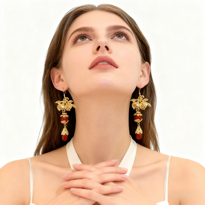 18K Gold Red Agate Flower Earrings