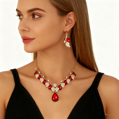 Red Crystal Diamond Necklace & Earring Set