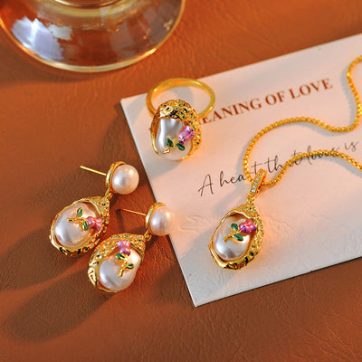 Natural Freshwater Pearl Flower Necklace Ring Earrings