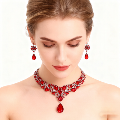 925 Silver Red Crystal Necklace & Earrings Set