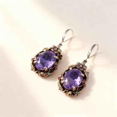 Amethyst & Multicolor Gem Twin Fish Lotus Jewelry Set