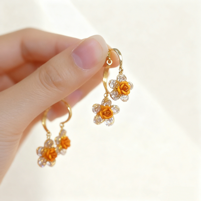 Orange Rose Double-Layer Blossom Earrings