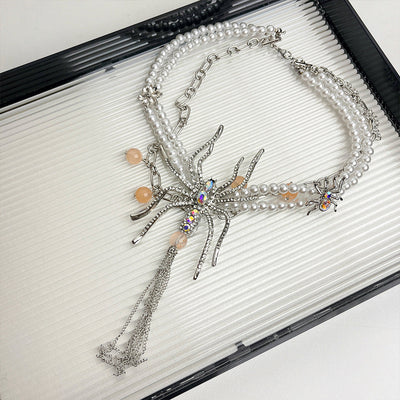 Double Pearl Long Tassel Spider Necklace