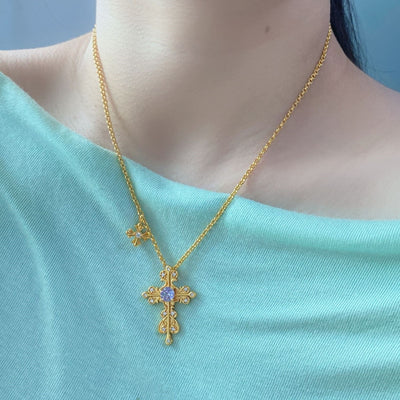 Vintage Cross Lavender Crystal Necklace
