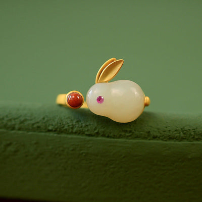 Cute Jade Rabbit Emerald Jade Stone Ring