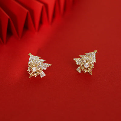 18K Gold Diamond-Inlaid Rotatable Christmas Tree Earrings