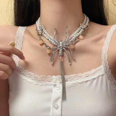 Double Pearl Long Tassel Spider Necklace