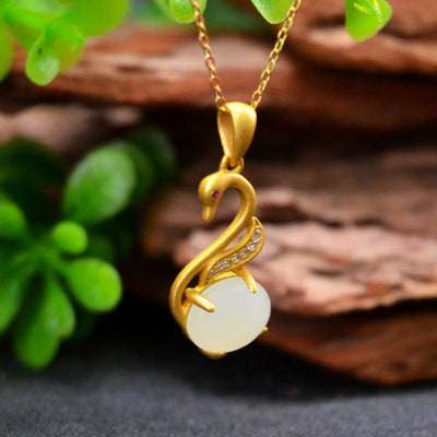 Gold Swan Emerald Jade Stone Necklace