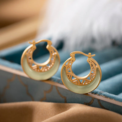 Moon Disc Natural Emerald Jade Stone Earrings