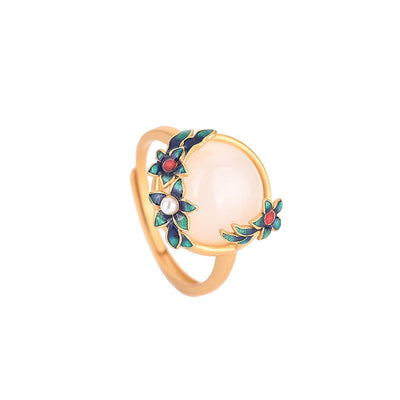 Pearl Flower Inlaid Emerald Jade Stone Ring