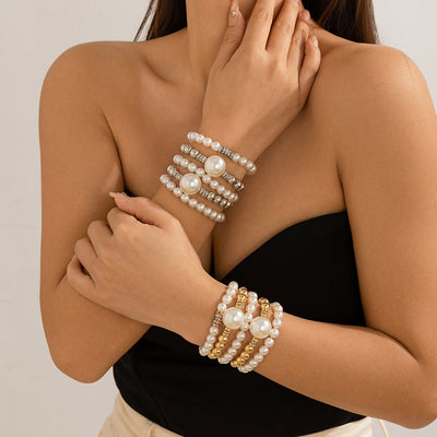 18K Gold & 925 Silver Pearl Layered Bracelet Sets