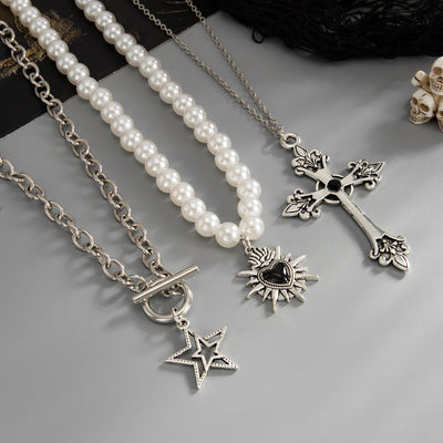 Gothic Pearl Cross Layered Necklace Set