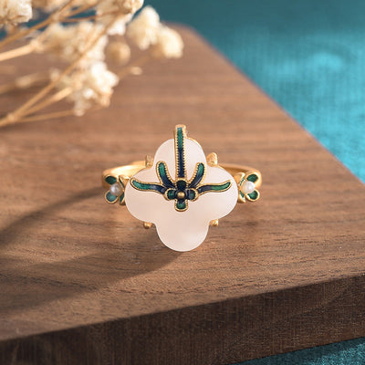 Four Leaf Clover Emerald Jade Stone Ring