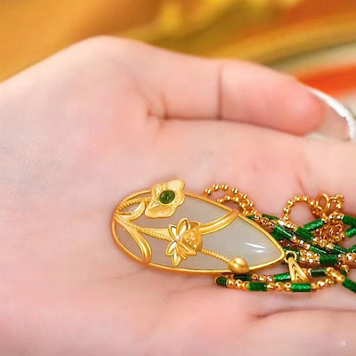 Golden Lotus Leaf Lotus Emerald Jade Stone Necklace