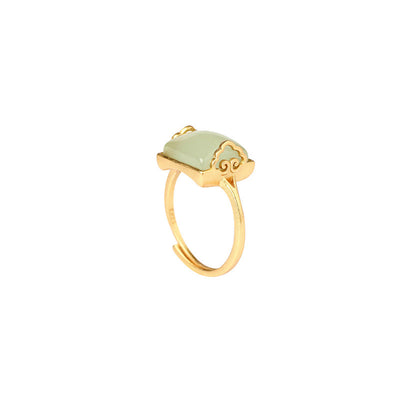 Square Auspicious Cloud Emerald Jade Stone Ring
