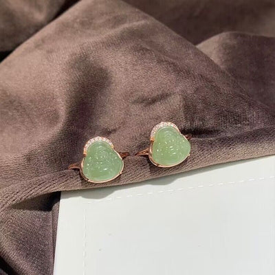Carved Maitreya Buddha Emerald Jade Stone Ring