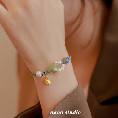 Natural Emerald Jade stone & Pearl Braided Rope Bracelet