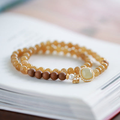 Natural Sugar color Emerald Jade Stone&Sandalwood Double Circle Bracelet
