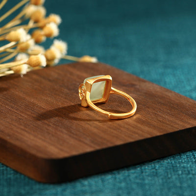 Square Auspicious Cloud Emerald Jade Stone Ring