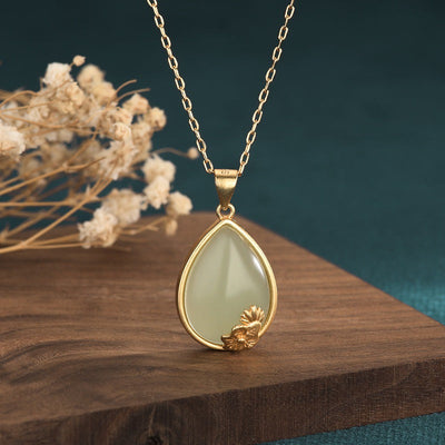 Emerald Jade stone lotus pendant necklace