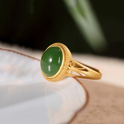 Egg-Shaped Emerald Jade Stone Cutout Ring