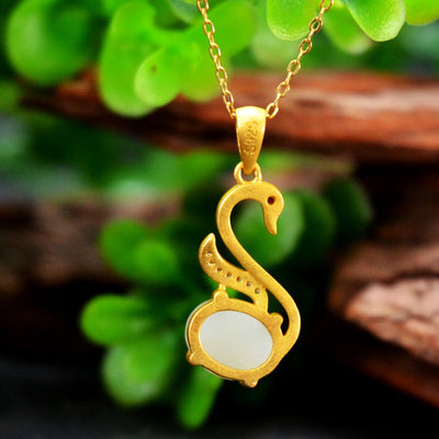 Gold Swan Emerald Jade Stone Necklace