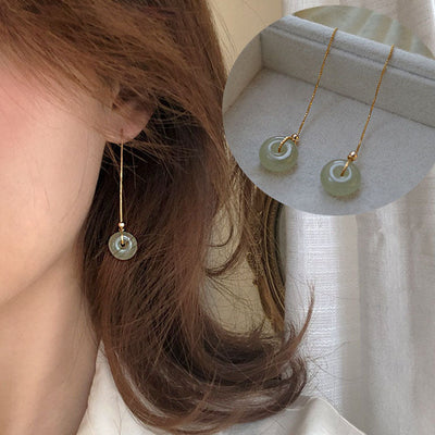 Lucky buckle • Natural Emerald Jade stone Threader Tassel earrings