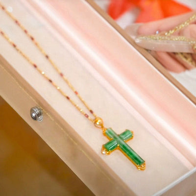 Cross Emerald Jade stone necklace