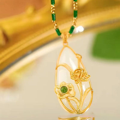 Golden Lotus Leaf Lotus Emerald Jade Stone Necklace