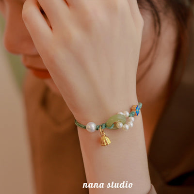 Natural Emerald Jade stone & Pearl Braided Rope Bracelet