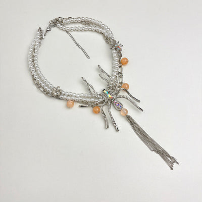 Double Pearl Long Tassel Spider Necklace