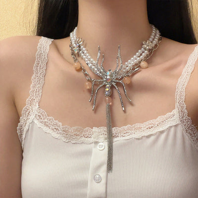 Double Pearl Long Tassel Spider Necklace