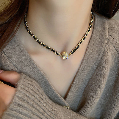 Black leather rhinestone magnetic necklace
