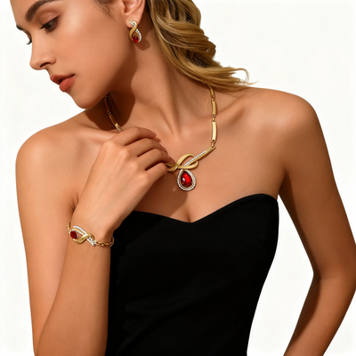 18K Gold Ruby Leaf Necklace & Earrings & Bracelet Set