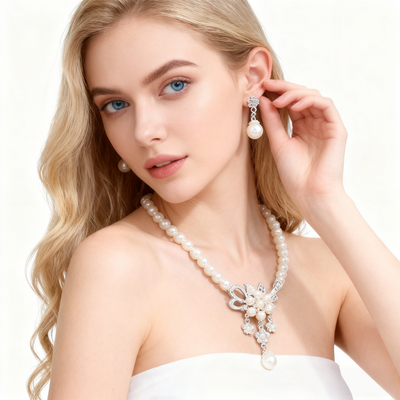925 Silver Floral Pearl Necklace & Earring Set