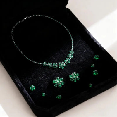 Green Crystal Flower Necklace & Earrings Set
