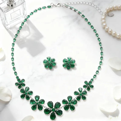 Green Crystal Flower Necklace & Earrings Set