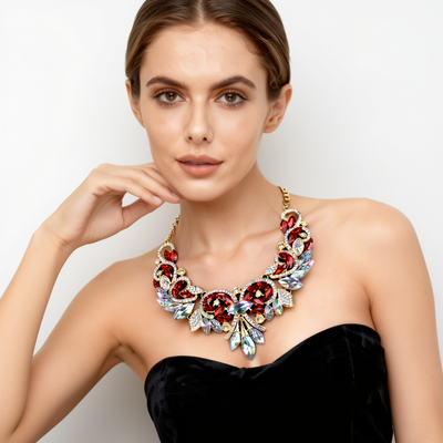 Rainbow Red Crystal & Diamond Necklace