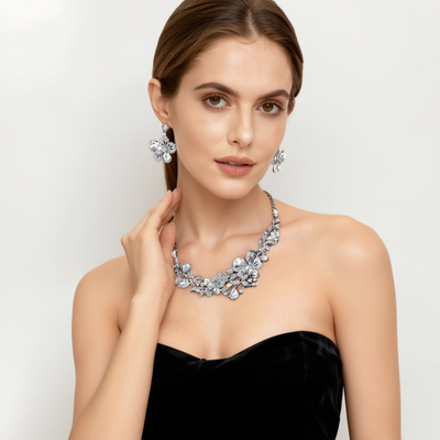 925 Silver Clear Crystal Flower Necklace & Earring Set