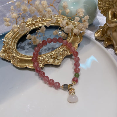 White Jade Lotus Strawberry Crystal Bracelet