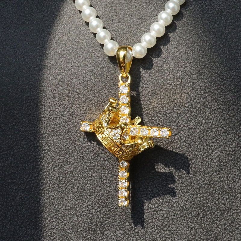 Crown cross pendant necklace with full diamonds