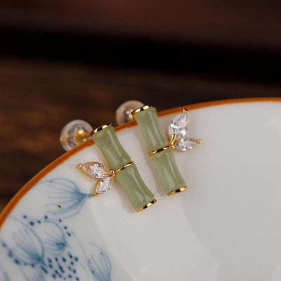 Bamboo Festival • Emerald Jade Stone  Stud Earrings