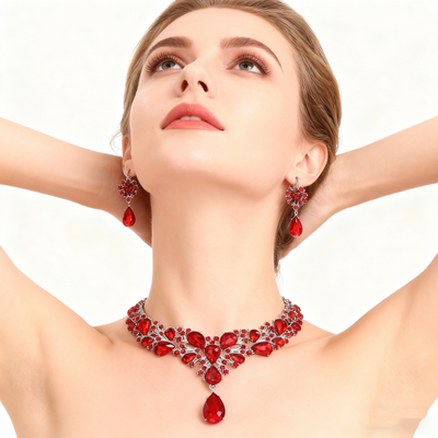 925 Silver Red Crystal Necklace & Earrings Set