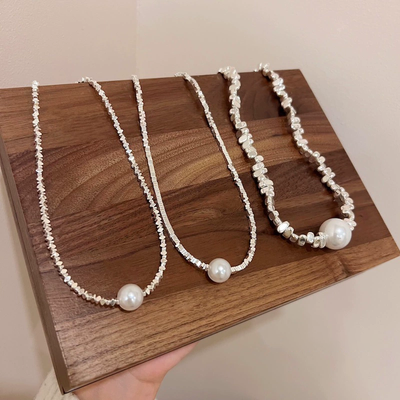 Natural freshwater pearl necklace with stacked plain chain