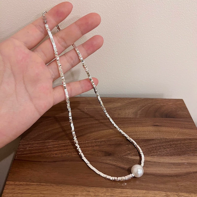 Natural freshwater pearl necklace with stacked plain chain